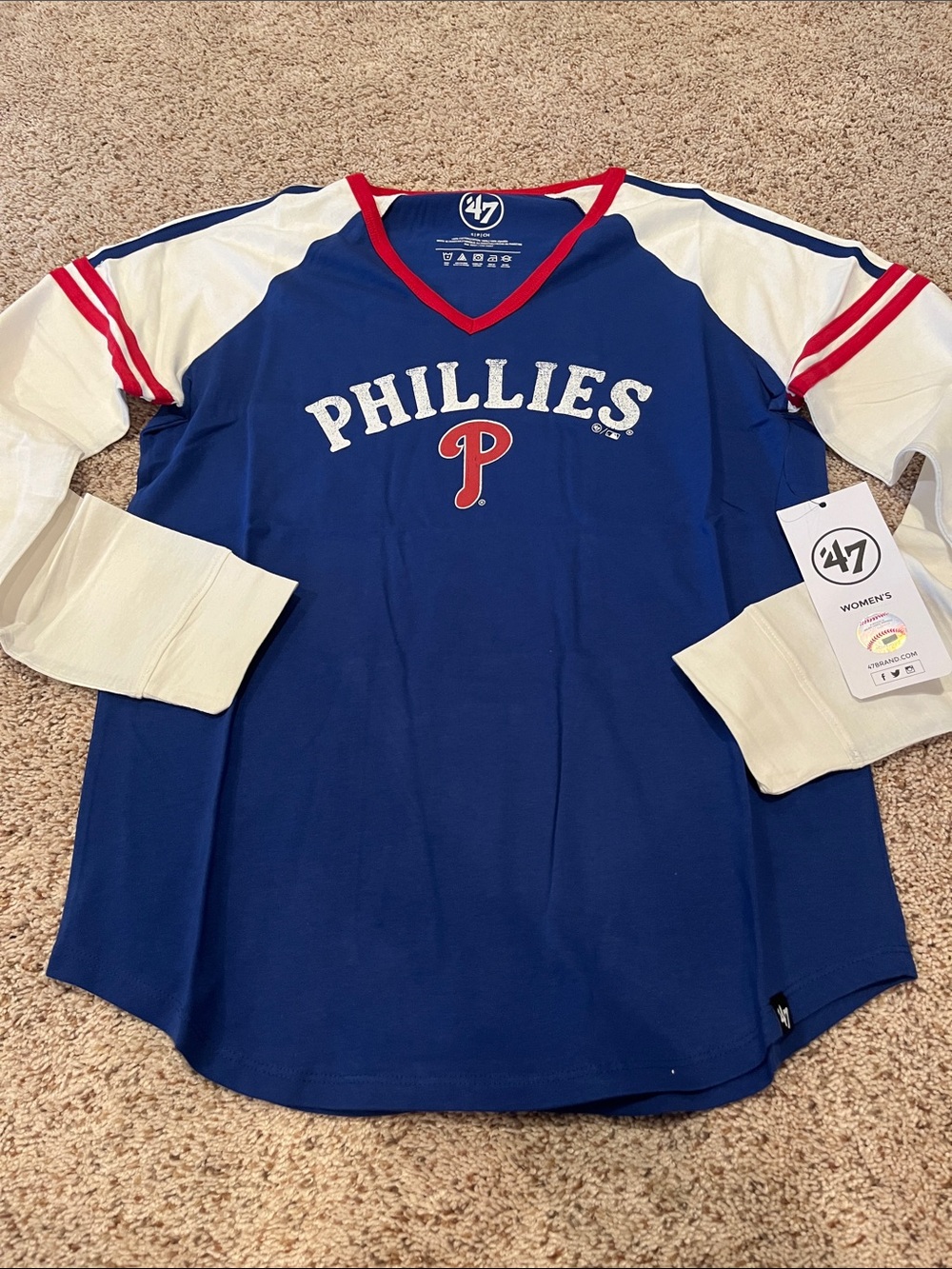 47 Women’s Phillies Blue White Red Long Sleeve Raglan Tee